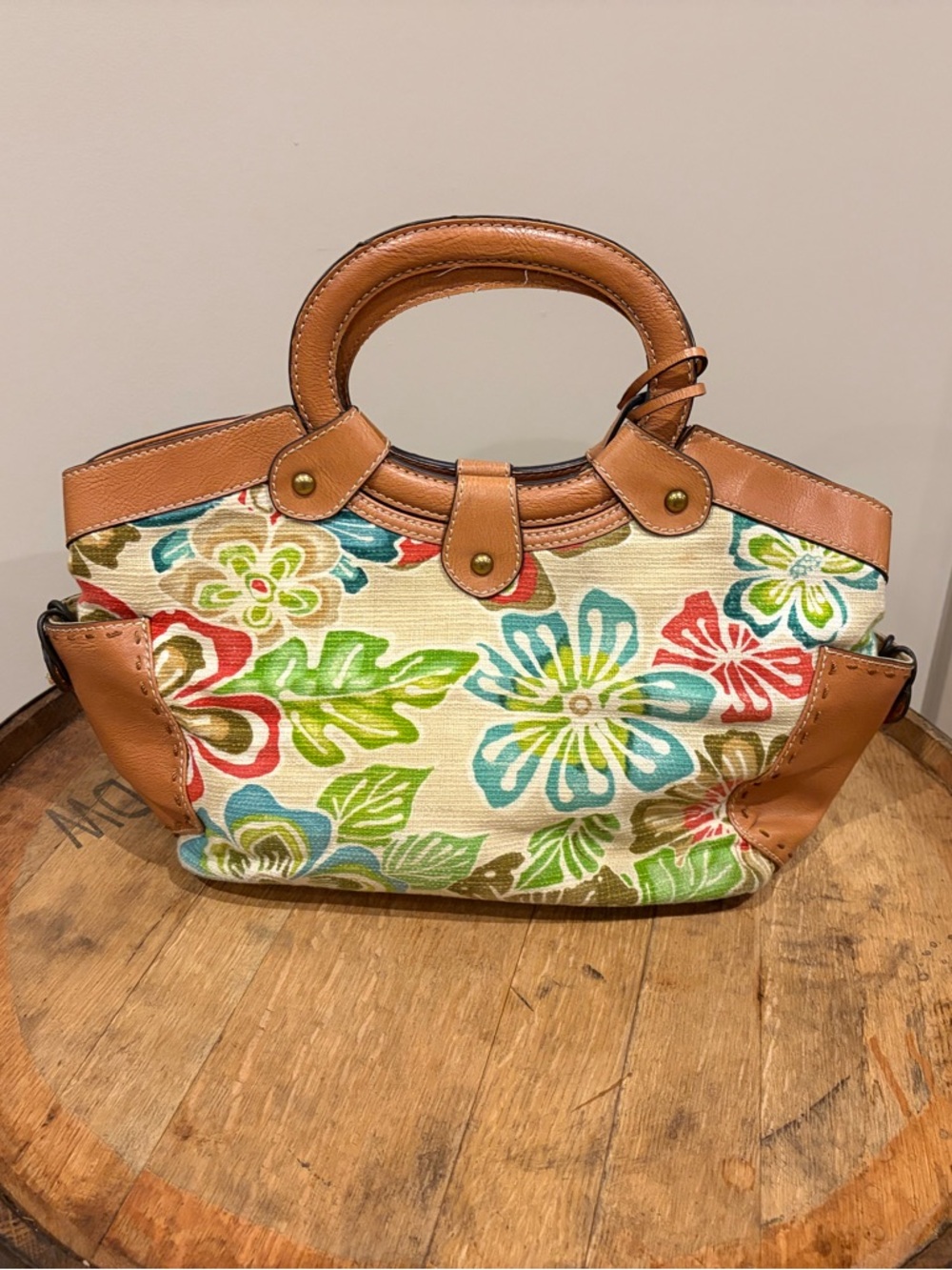 Fossil Floral Canvas Tote with Tan Leather Handles